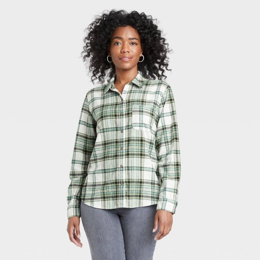 Women'S Long SLEEVE Flannel Button-Down Hirt - Univeral Thread Dark Plaid SIZE S
